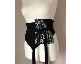 Large ceinture obi femme à nouer tissu noir et imprimé ethnique Shuain