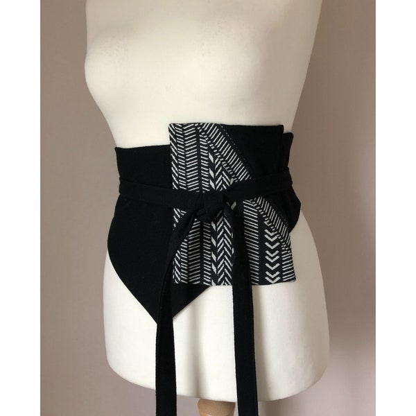 Large ceinture obi femme à nouer tissu noir et imprimé ethnique Shuain