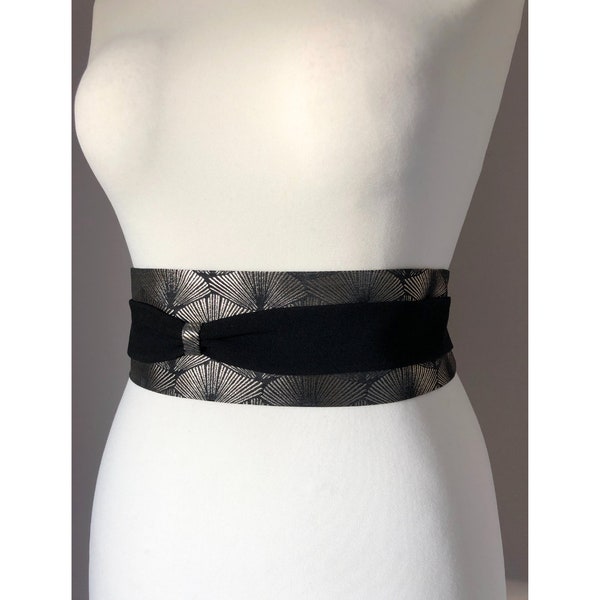 Ceinture obi noeud tissu jacquard feuilles bronze acier noir Wini