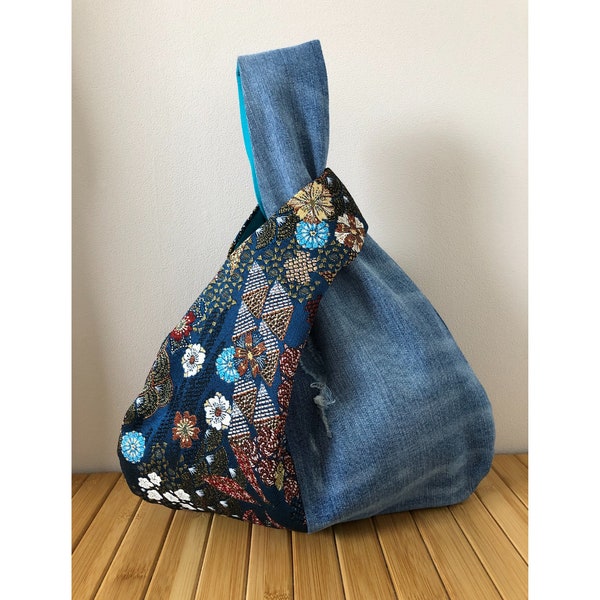 Sac japonais à noeud, bi-matière uni jean et tissu jacquard bleu Chandra