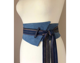 Brede obi-riem voor dames om Nyana, geweven stof van gerecycled denim, te strikken