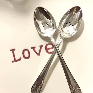 Mr and Mrs/ Mr and Mr/ Mrs and Mrs Hand Stamped Vintage Cutlery Personalisable image 2