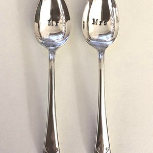 Mr and Mrs/ Mr and Mr/ Mrs and Mrs Hand Stamped Vintage Cutlery Personalisable image 3