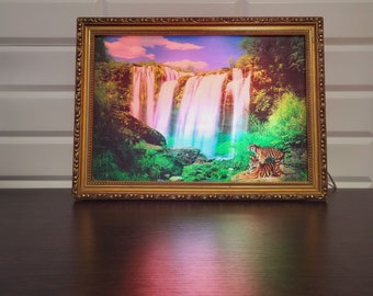 Vintage 3D musical painting waterfall painting with backlight painting for relaxation painting for decoration birds singing tiger picture