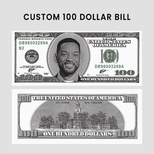 May include: A black and white custom $100 bill featuring a portrait of Will Smith on the front and a depiction of Independence Hall on the back. The bill has the serial number DB96003269A.