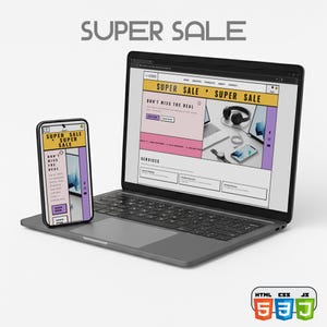 Może przedstawiać: Laptop i smartfon wyświetlają stronę internetową z tekstem "SUPER SALE" na zdjęciu promocyjnym. Ekran laptopa pokazuje stronę internetową z żółto-różowym banerem. Ekran smartfona odzwierciedla stronę internetową. Obraz zawiera również tekst "DON'T MISS THE DEAL".