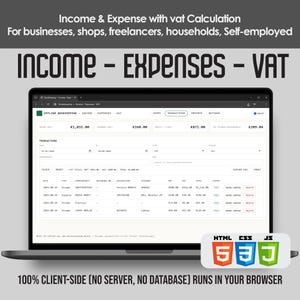 Op de afbeelding: Een laptopscherm toont een applicatie voor het bijhouden van inkomsten en uitgaven met btw-berekening. De interface toont financiële gegevens, waaronder inkomsten, uitgaven en btw-bedragen. De tekst luidt "Income - Expenses - VAT".