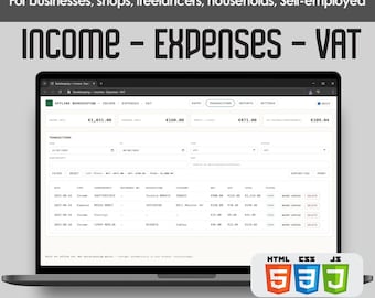 May include: A laptop screen displays an income and expense tracking application with VAT calculation. The interface shows financial data, including income, expenses, and VAT amounts. The text on the screen reads "Income - Expenses - VAT".