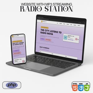 Puede incluir: Un portátil y un smartphone muestran un sitio web de una emisora de radio. La interfaz presenta un diseño morado y blanco con el texto "THE CITY LISTENS TO RADIO NOVA". El portátil también muestra "DAILY SCHEDULE."