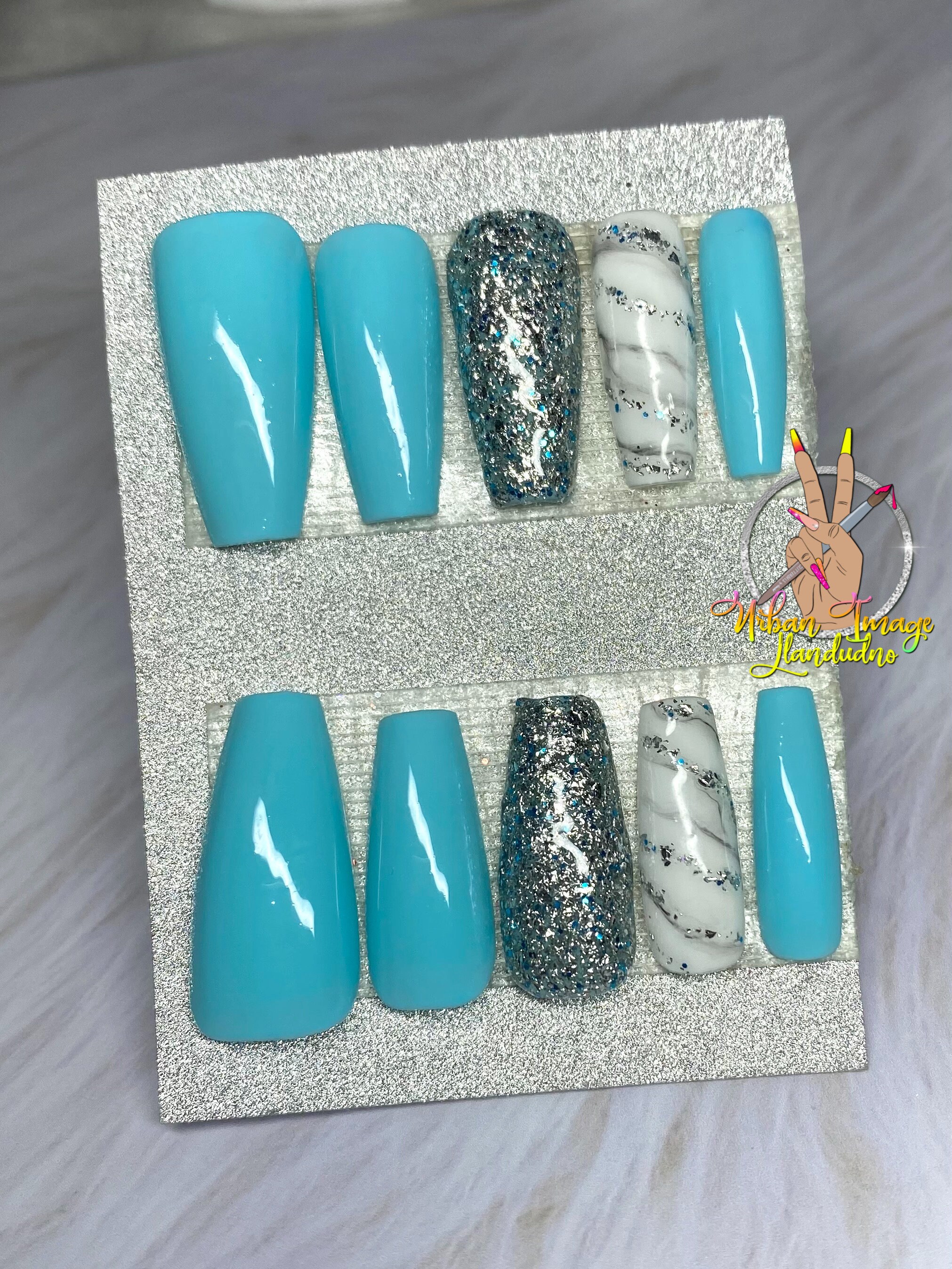 Blue silver white marble nails marble nails glitter | Etsy