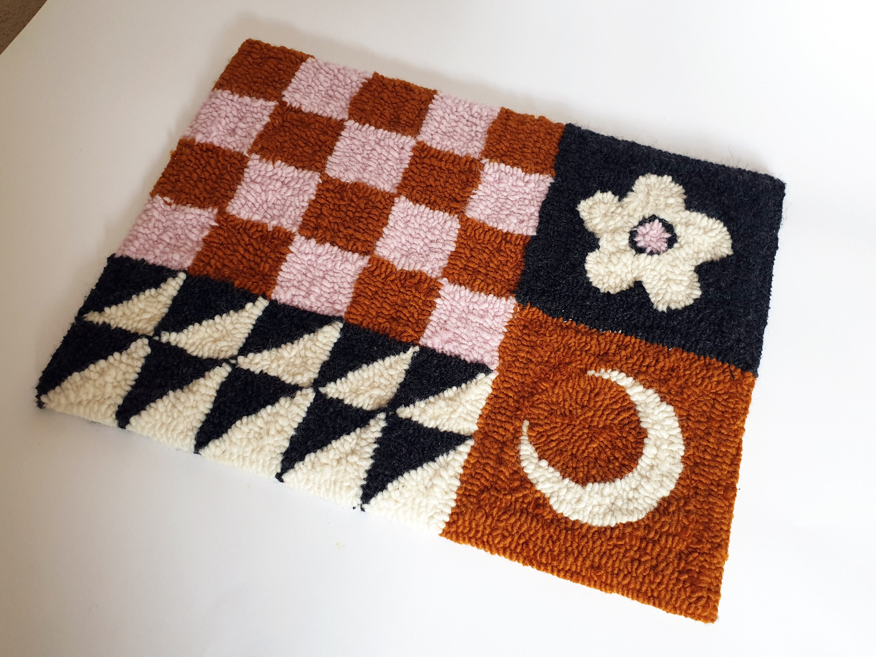 Handmade Punch Needle Rug with Check Moon & Flower Motif Etsy