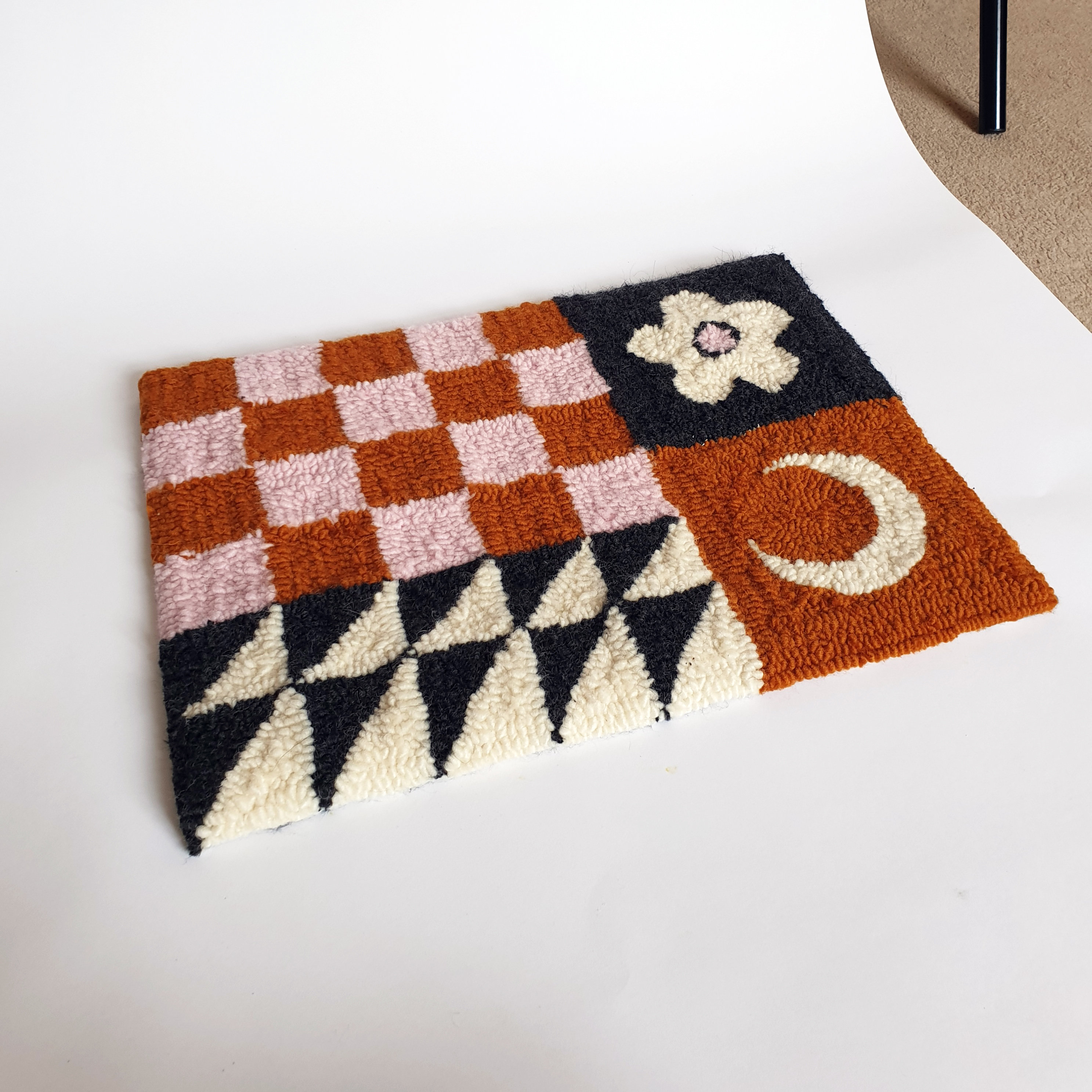 Handmade Punch Needle Rug with Check Moon & Flower Motif Etsy