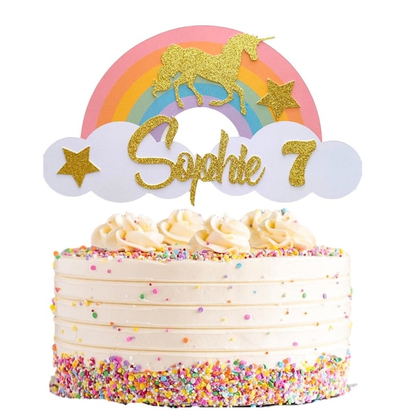 Topper de pastel de unicornio personalizado, topper de pastel de arco iris, topper de pastel personalizado, topper de pastel de cualquier nombre y edad, topper de pastel de cumpleaños, decoración de pastel