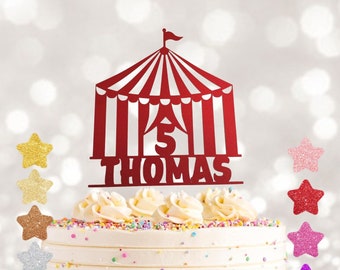 Personalized Circus Cake Topper: Custom Name & Age, Glitter Party Decor