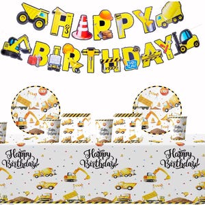 May include: A construction-themed birthday party set with a banner that reads "Happy Birthday!" and includes plates, cups, and a tablecloth. The set features yellow construction vehicles like dump trucks and excavators on a white background.