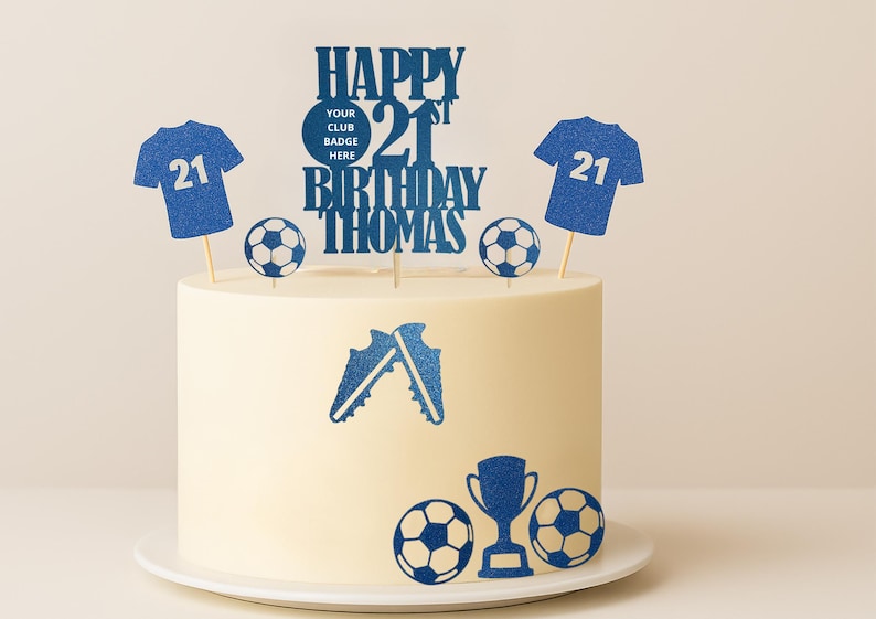 football birthday cake, soccer cake decorations, custom sports cake, blue glitter toppers, football theme party, birthday cake insert, football jersey topper, soccer player birthday, personalised sports topper, birthday party for football fan, cake topper for teen boy, football shoes topper, trophy cake decor, football ball cupcake topper, sports birthday cake set