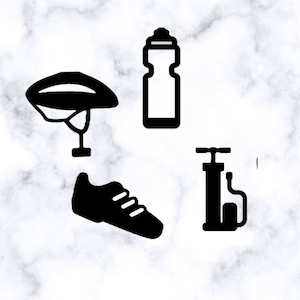 May include: Black and white illustration of cycling accessories, including a helmet, a water bottle, a pair of cycling shoes, and a bicycle pump.