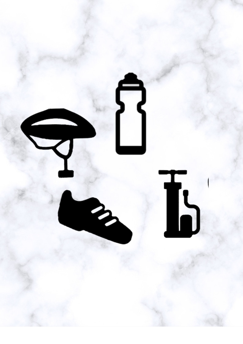May include: Black and white illustration of cycling accessories, including a helmet, a water bottle, a pair of cycling shoes, and a bicycle pump.