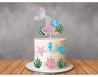 Personalised Mermaid Cake Topper Bundle Name Age Under the Sea Birthday Decoration Glitter Tail Custom Party Insert Girl Ocean Theme