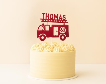 Personalized Fire Truck Cake Topper Firefighter Birthday Decoration Glitter Party Cake Decor Kids Fireman Theme