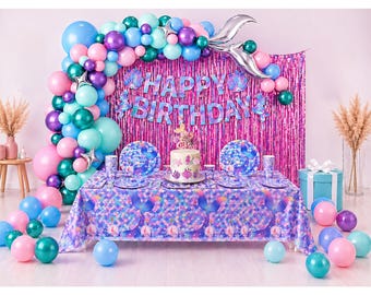 Mermaid Balloon Garland and Backdrop Kit Under the Sea Birthday Decoration for Girls Little Mermaid Theme Party Supplies Set
