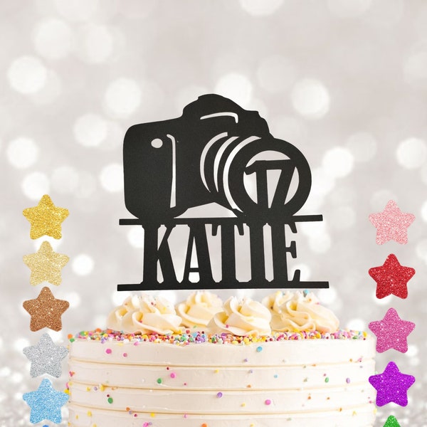 Camera Cake Topper, personalised cake topper, any name and age cake topper, photography birthday glitter cake topper, photo cake topper