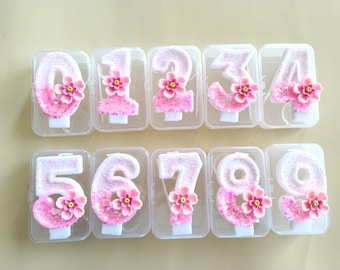 Floral Number Birthday Candle Pink Glitter Flower Cake Prop for Girls Party Boho Theme Pastel Table Accent for Kids Celebration 0 to 9