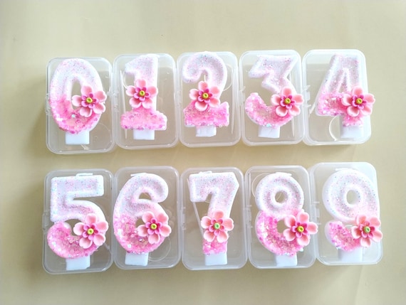 Floral Number Birthday Candle Pink Glitter Flower Cake Prop for Girls Party Boho Theme Pastel Table Accent for Kids Celebration 0 to 9