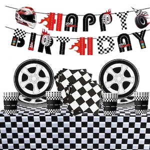 Set med födelsedagsfesttillbehör för racerbilar, karting, rutig duk, däcktallrikar, koppar, servetter och banderolldekorationskit