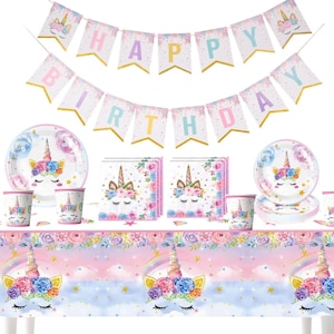May include: A unicorn-themed party set with a banner that reads "HAPPY BIRTHDAY". The set includes plates, cups, napkins, and a tablecloth, all featuring unicorn designs with floral accents in pastel colors.