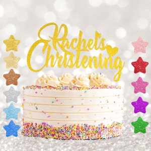 Personalised Christening Cake Topper with Name Custom Glitter Decoration for Baby Boy or Girl Elegant Religious Party Insert