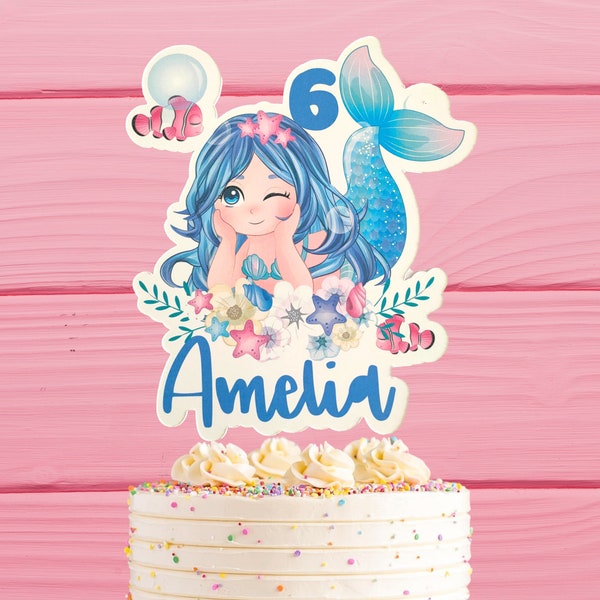 Personalised mermaid cake topper, custom cake topper with any name and age birthday cake topper