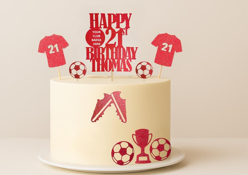 football birthday cake, soccer cake decorations, custom sports cake, blue glitter toppers, football theme party, birthday cake insert, football jersey topper, soccer player birthday, personalised sports topper, birthday party for football fan, cake topper for teen boy, football shoes topper, trophy cake decor, football ball cupcake topper, sports birthday cake set