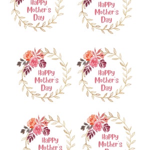 May include: Six watercolour illustrations of floral wreaths with gold glitter accents. Each wreath features pink and red flowers with green leaves and the text "Happy Mother's Day".