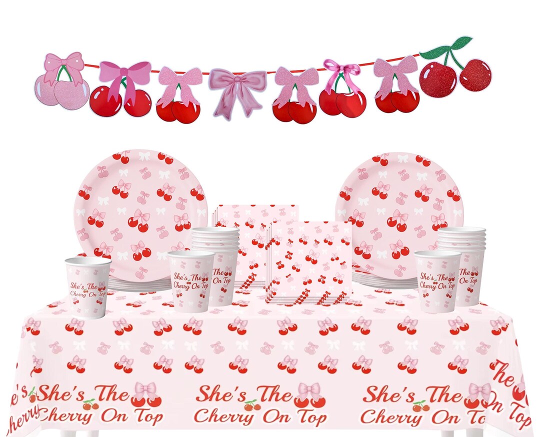 Cherry Party Supplies Pink Bow Tableware Set Shes the Cherry on Top ...