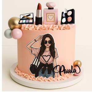 Conjunto de topo de bolo de maquiagem personalizado: mulher comestível, nome personalizado, rosa e dourado