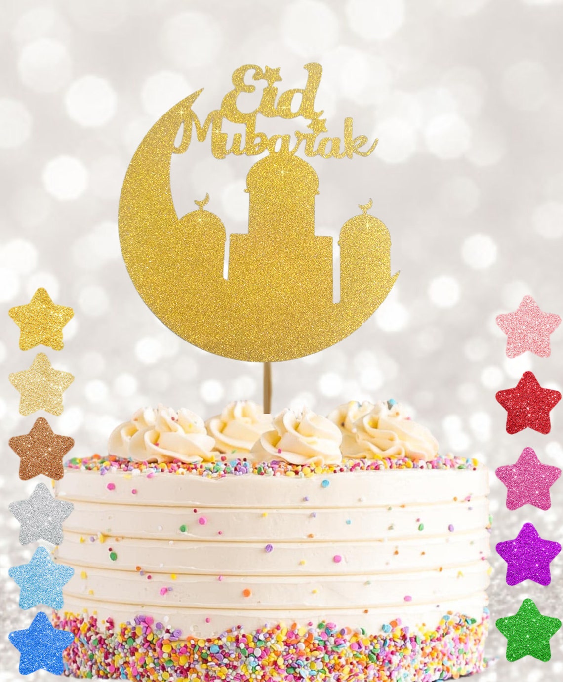 Eid Mubarak Cake Topper Gold Silver Glitter Cake Topper Etsy Hong Kong