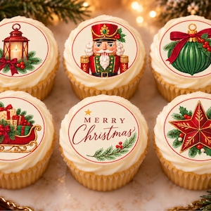 May include: Six cupcakes topped with white frosting and circular edible toppers featuring Christmas imagery. Designs include a red lantern, a nutcracker, a green ornament, a red sleigh with gifts, a Merry Christmas sign, and a red star with greenery.