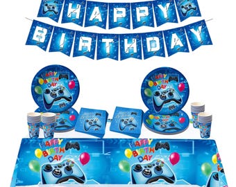Gamer Birthday Party Set: Video Game Plates, Cups & Tablecloth