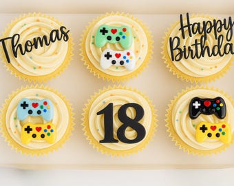 Personalised Game Console Cupcake Topper bundle Gamer Birthday Decoration | Custom Name & Age Cake Topper set