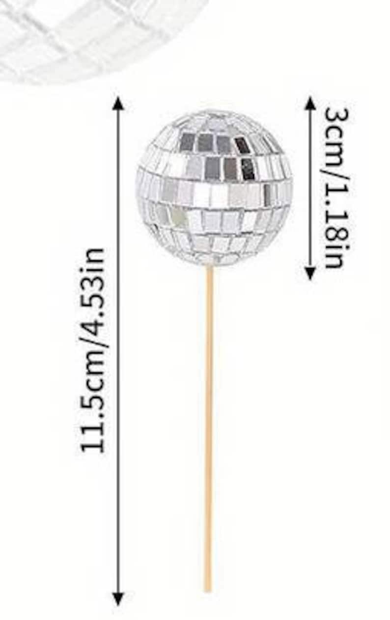 Pu&ograve; includere: Topper per torta a forma di palla da discoteca argentata con un bastoncino di legno. La palla ha un diametro di 3 cm e il bastoncino &egrave; lungo 11,5 cm.