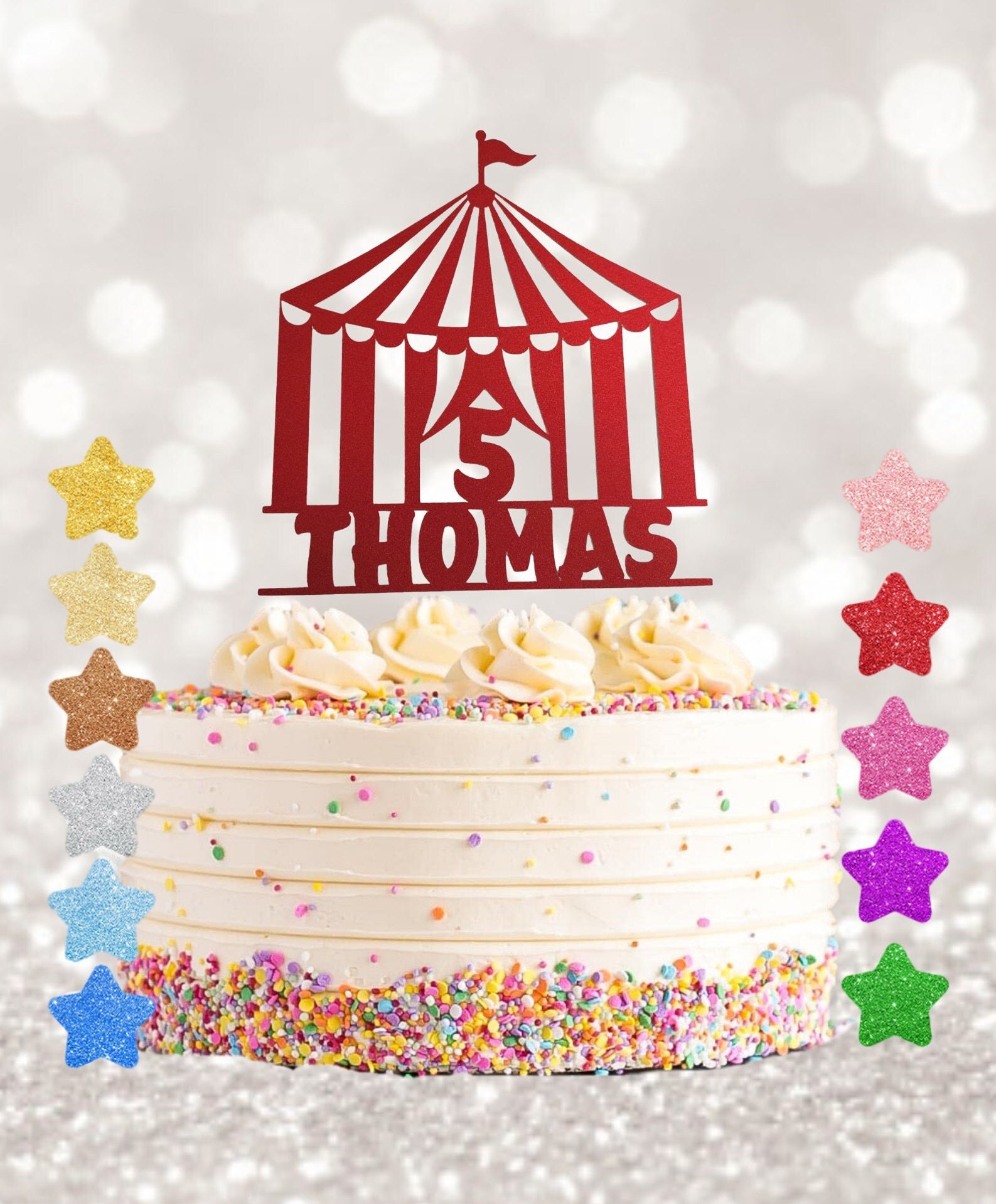 Décoration pour gâteau (topper cake) sur le thème cirque personnalisée avec  un prénom et couleur - Un grand marché
