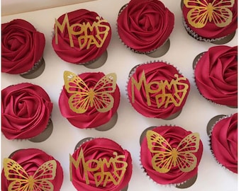 Mother’s Day Cupcake Toppers for Mum Glitter Decoration with Personalised Message Elegant Party Insert for Brunch or Gift Box