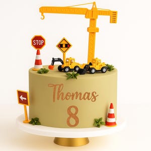 Personalised Construction Cake Topper Bundle Set Name Age Builder Theme Birthday Decoration Crane Digger Vehicle Signs Party Insert