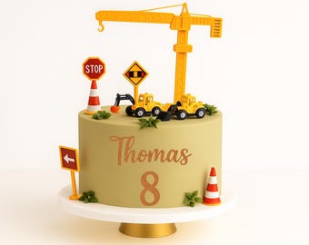 Paquete de adornos para tartas de construcción personalizados con nombre, edad, temática de constructor, decoración de cumpleaños, grúa, excavadora, letreros para vehículos, inserto para fiesta