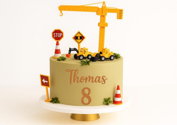 Personalised Construction Cake Topper Bundle Set Name Age Builder Theme Birthday Decoration Crane Digger Vehicle Signs Party Insert