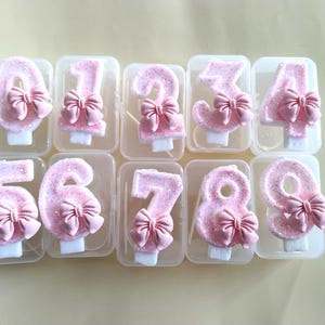Pink Glitter Number Candle: Bow Cake Topper, Birthday Party Decor