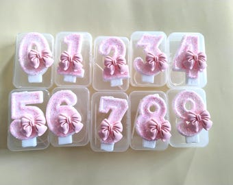 Pink Glitter Number Candle: Bow Cake Topper, Birthday Party Decor