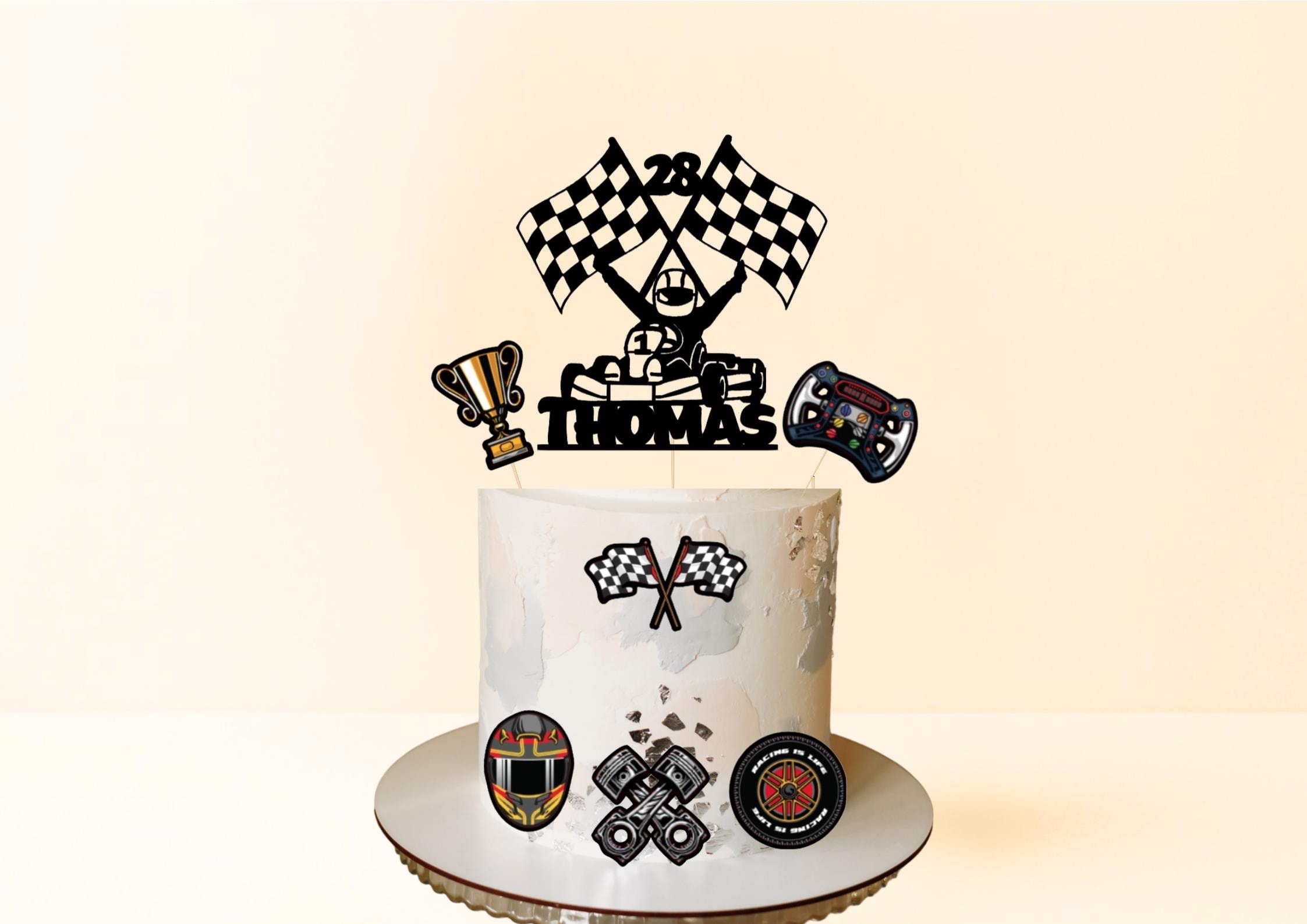 100 Stück Karierte Cupcake-Einlagen + 100 Topper – Rennwagen-Party-Deko (schwarz-weiß)