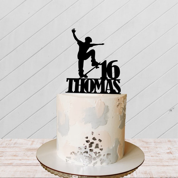Topper de pastel de patinetas personalizado, personalizado con cualquier nombre y edad, decoración de pastel, topper de pastel de cumpleaños